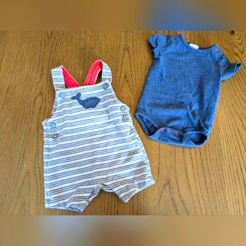 Starting Out-Blue and Gray Overalls Kids Matching Set, Sz. 3 Months